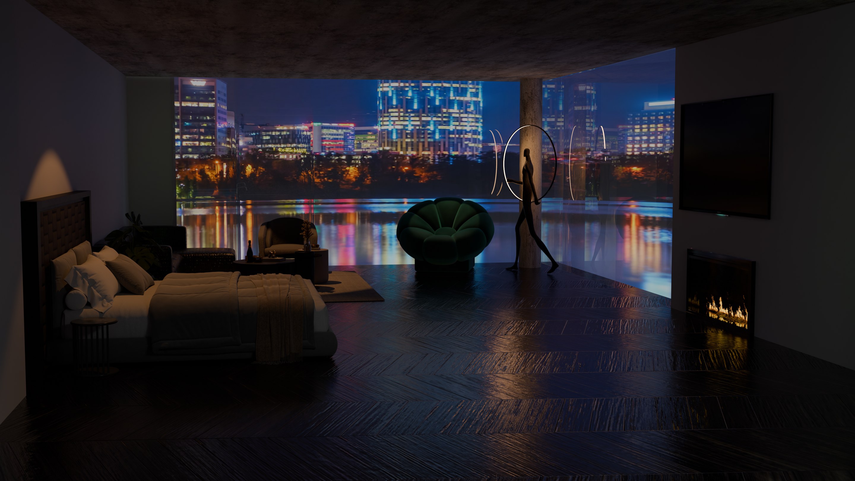 PARIS 9 master suite at night — frameless Bucharest skyline view, dark herringbone floor, sculptural lighting